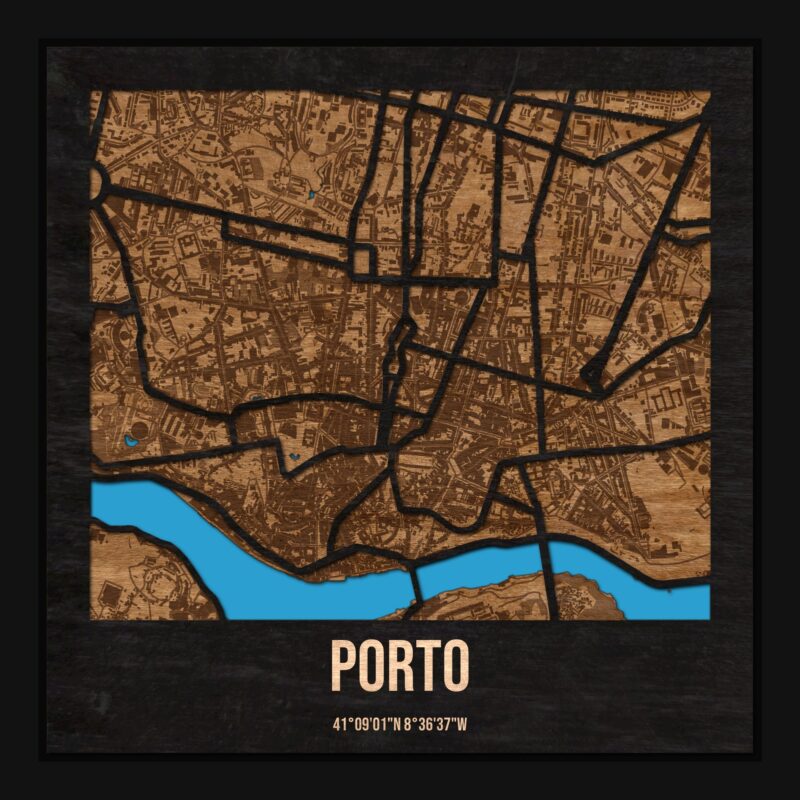 Porto - drewniana mapa miasta z siatką ulic w ramce