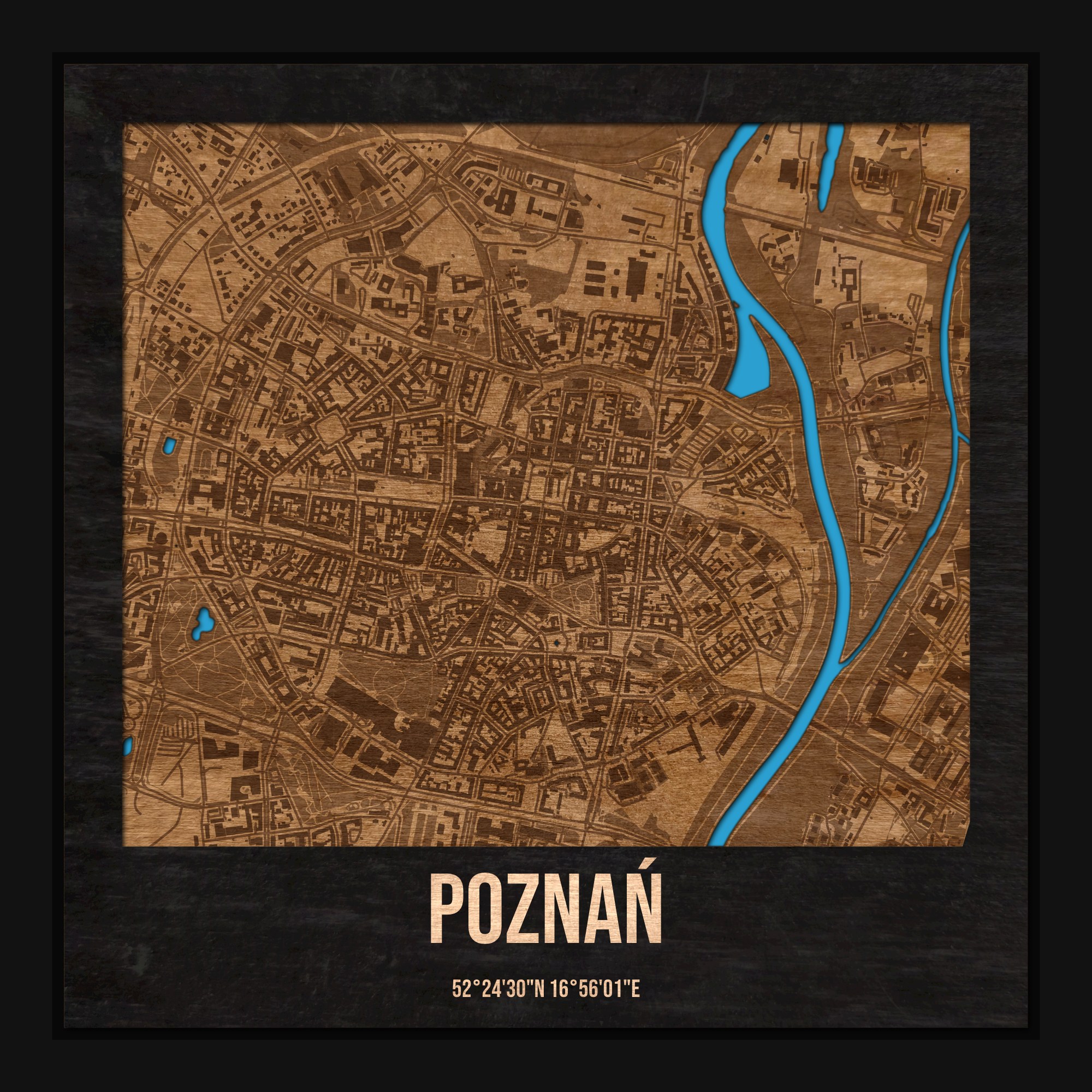 Poznań - drewniana mapa miasta z siatką ulic w ramce