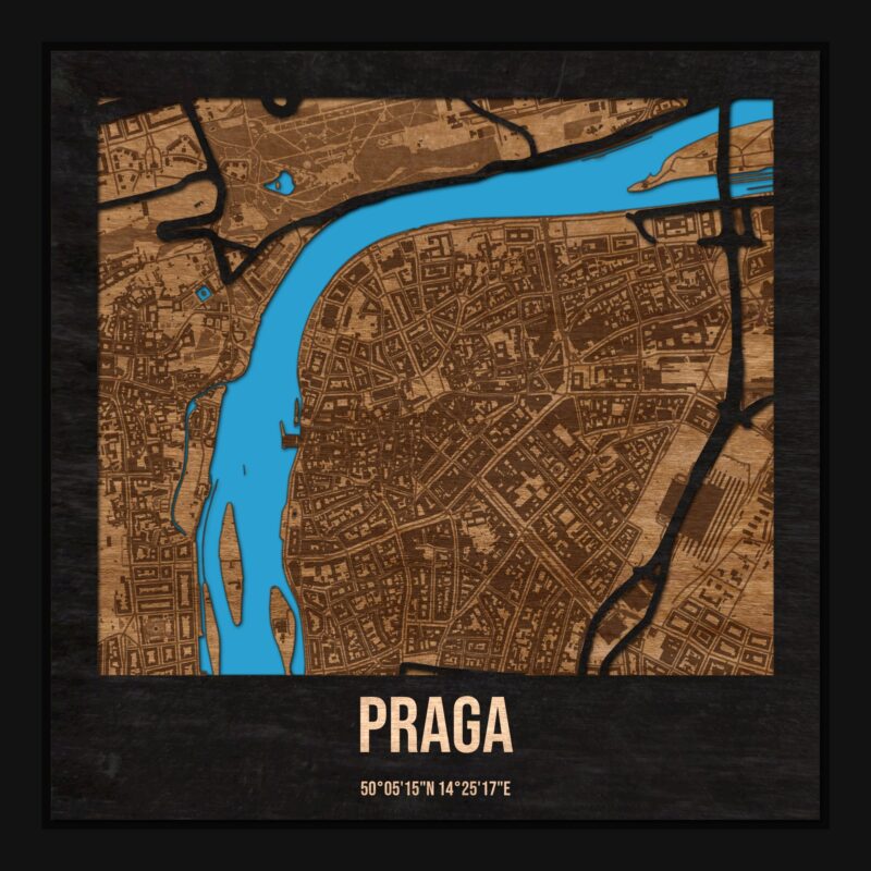 Praga - drewniana mapa miasta z siatką ulic w ramce