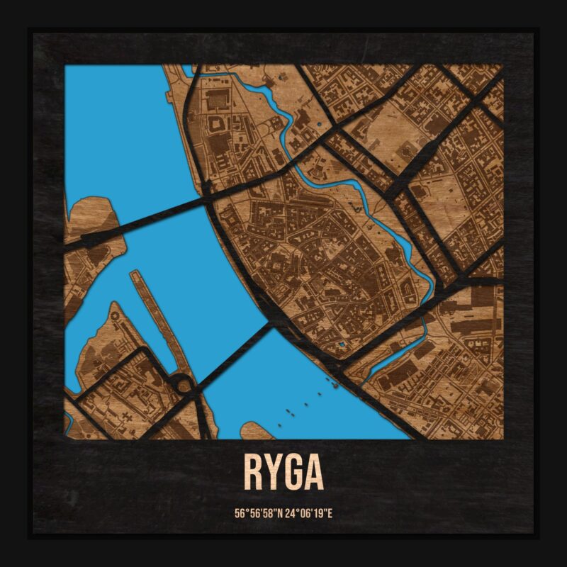 Ryga - drewniana mapa miasta z siatką ulic w ramce