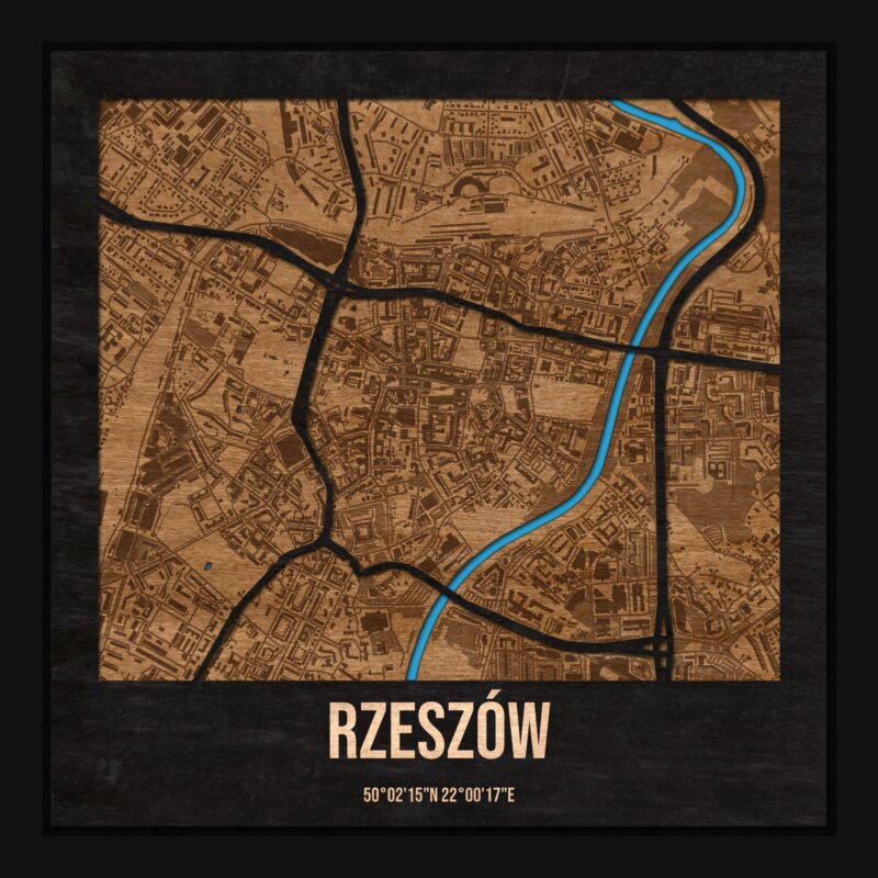 Rzeszów - drewniana mapa miasta z siatką ulic w ramce