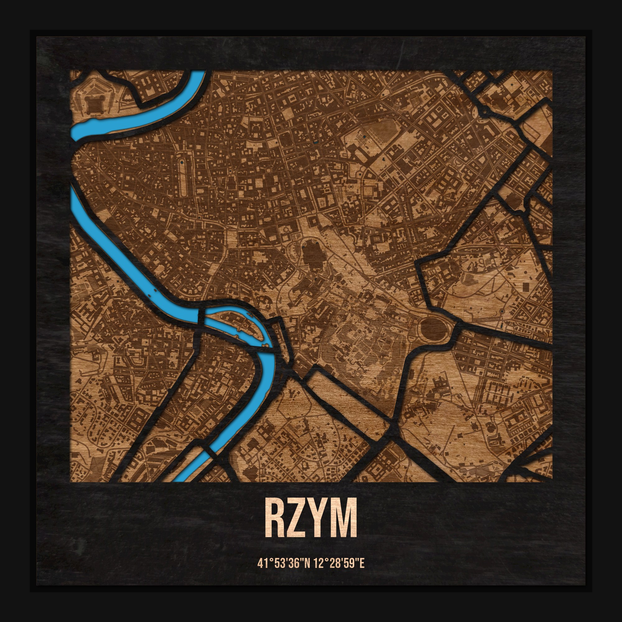 Rzym - drewniana mapa miasta z siatką ulic w ramce