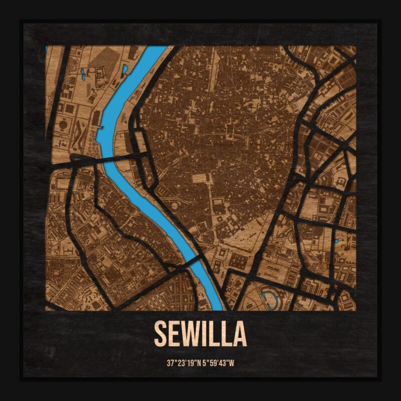Sewilla - drewniana mapa miasta z siatką ulic w ramce
