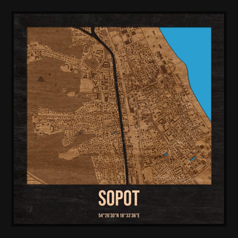 Sopot - drewniana mapa miasta z siatką ulic w ramce