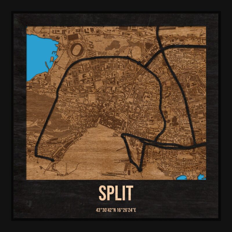Split - drewniana mapa miasta z siatką ulic w ramce