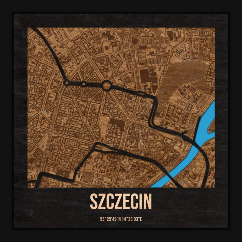 Szczecin - drewniana mapa miasta z siatką ulic w ramce