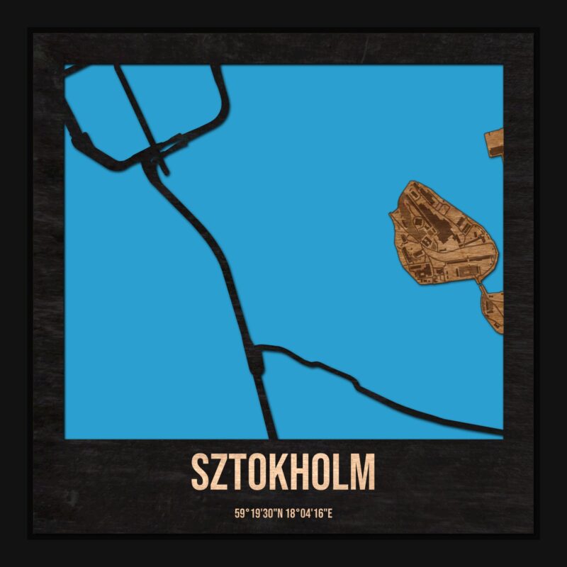 Sztokholm - drewniana mapa miasta z siatką ulic w ramce
