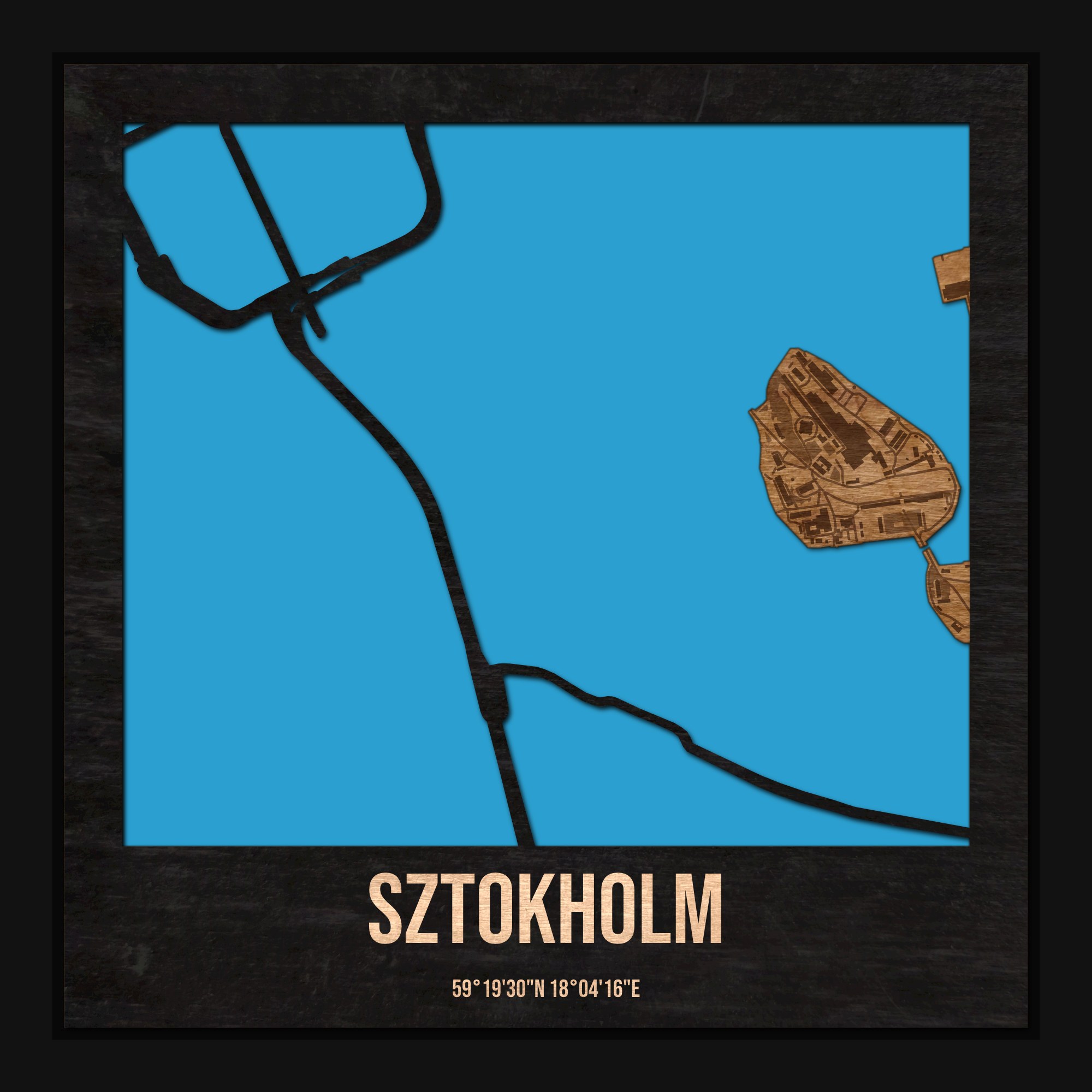 Sztokholm - drewniana mapa miasta z siatką ulic w ramce