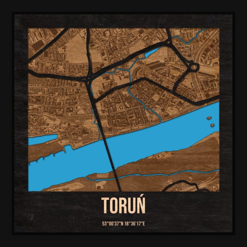 Toruń - drewniana mapa miasta z siatką ulic w ramce