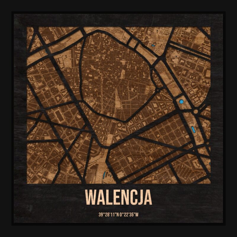 Walencja - drewniana mapa miasta z siatką ulic w ramce