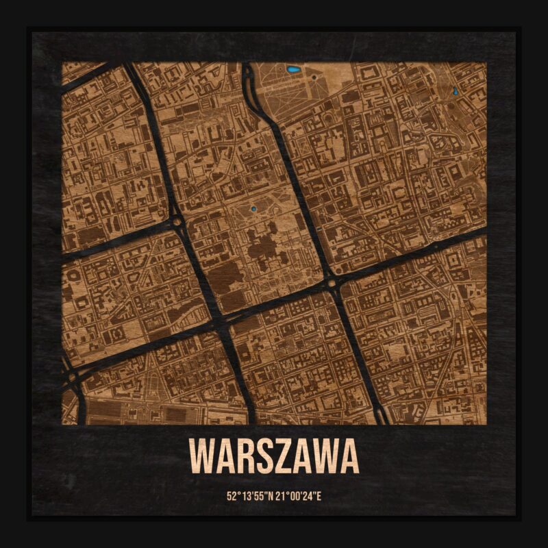 Warszawa - drewniana mapa miasta z siatką ulic w ramce