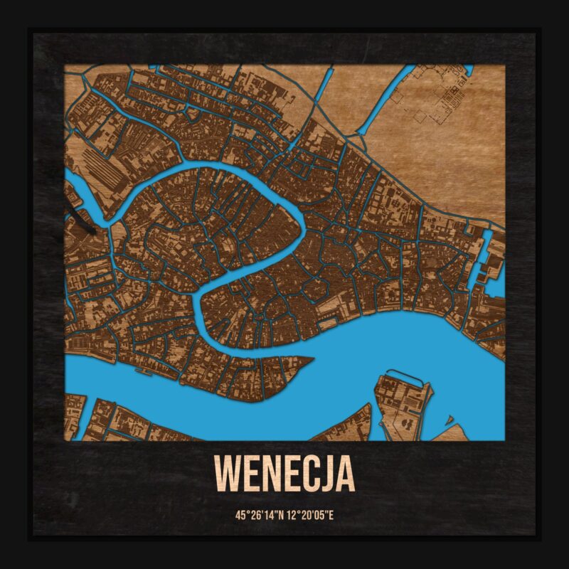 Wenecja - drewniana mapa miasta z siatką ulic w ramce