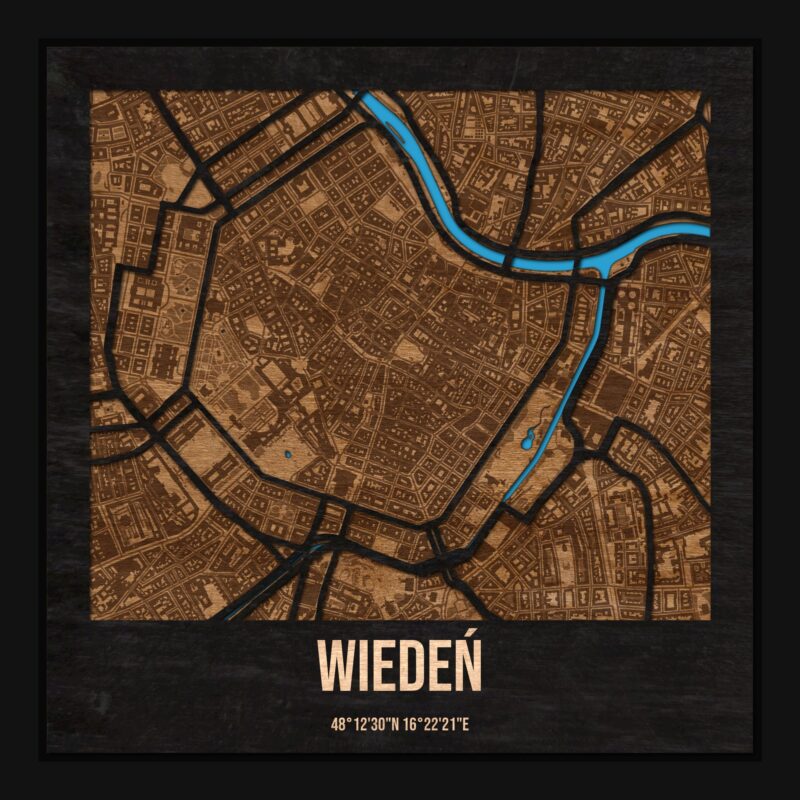 Wiedeń - drewniana mapa miasta z siatką ulic w ramce