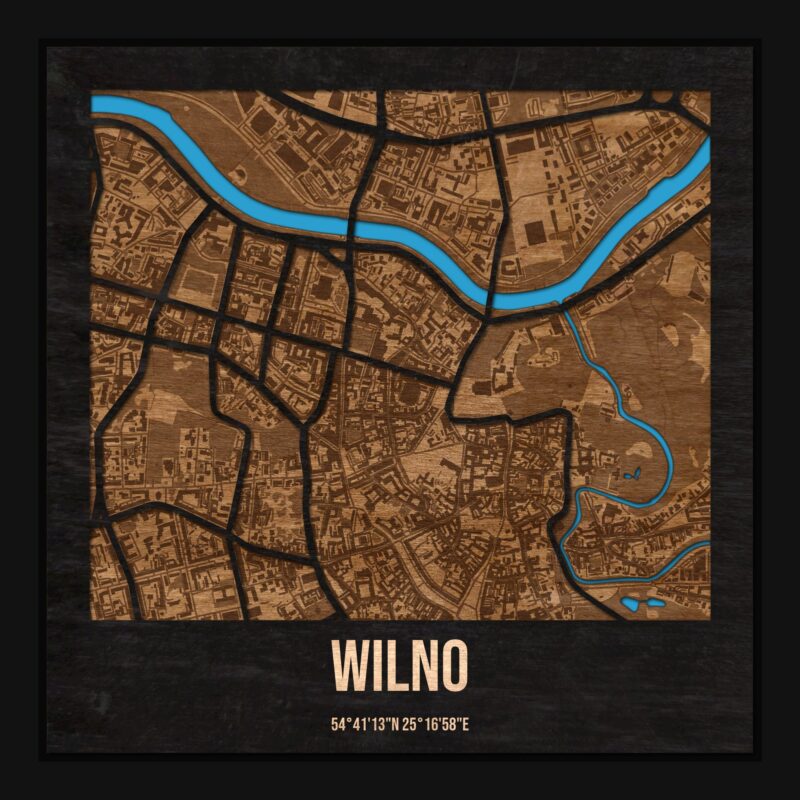 Wilno - drewniana mapa miasta z siatką ulic w ramce