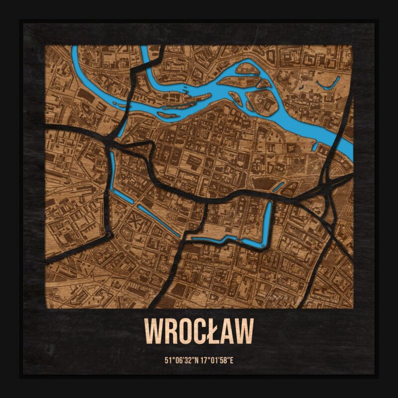 Wrocław - drewniana mapa miasta z siatką ulic w ramce