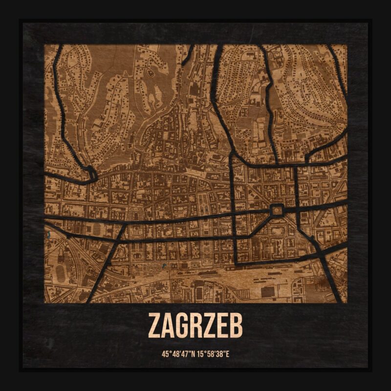 Zagrzeb - drewniana mapa miasta z siatką ulic w ramce