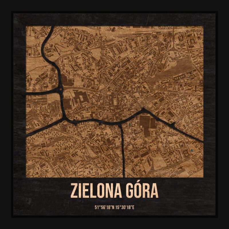 Zielona Góra - drewniana mapa miasta z siatką ulic w ramce