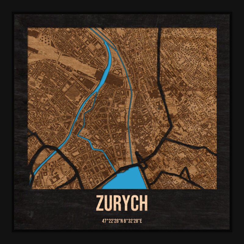 Zurych - drewniana mapa miasta z siatką ulic w ramce