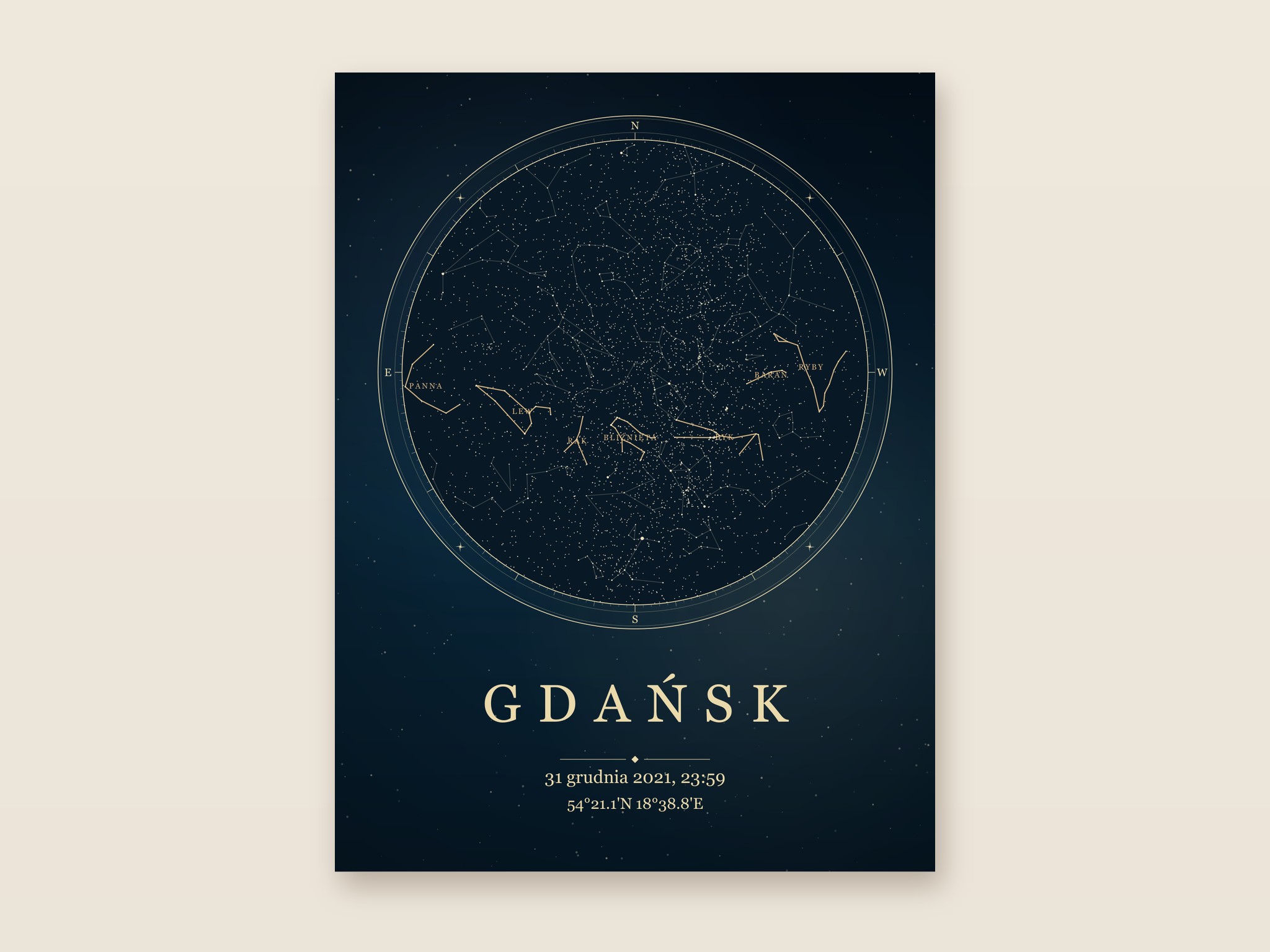Mapa nieba ze złotymi gwiazdozbiorami zodiaku