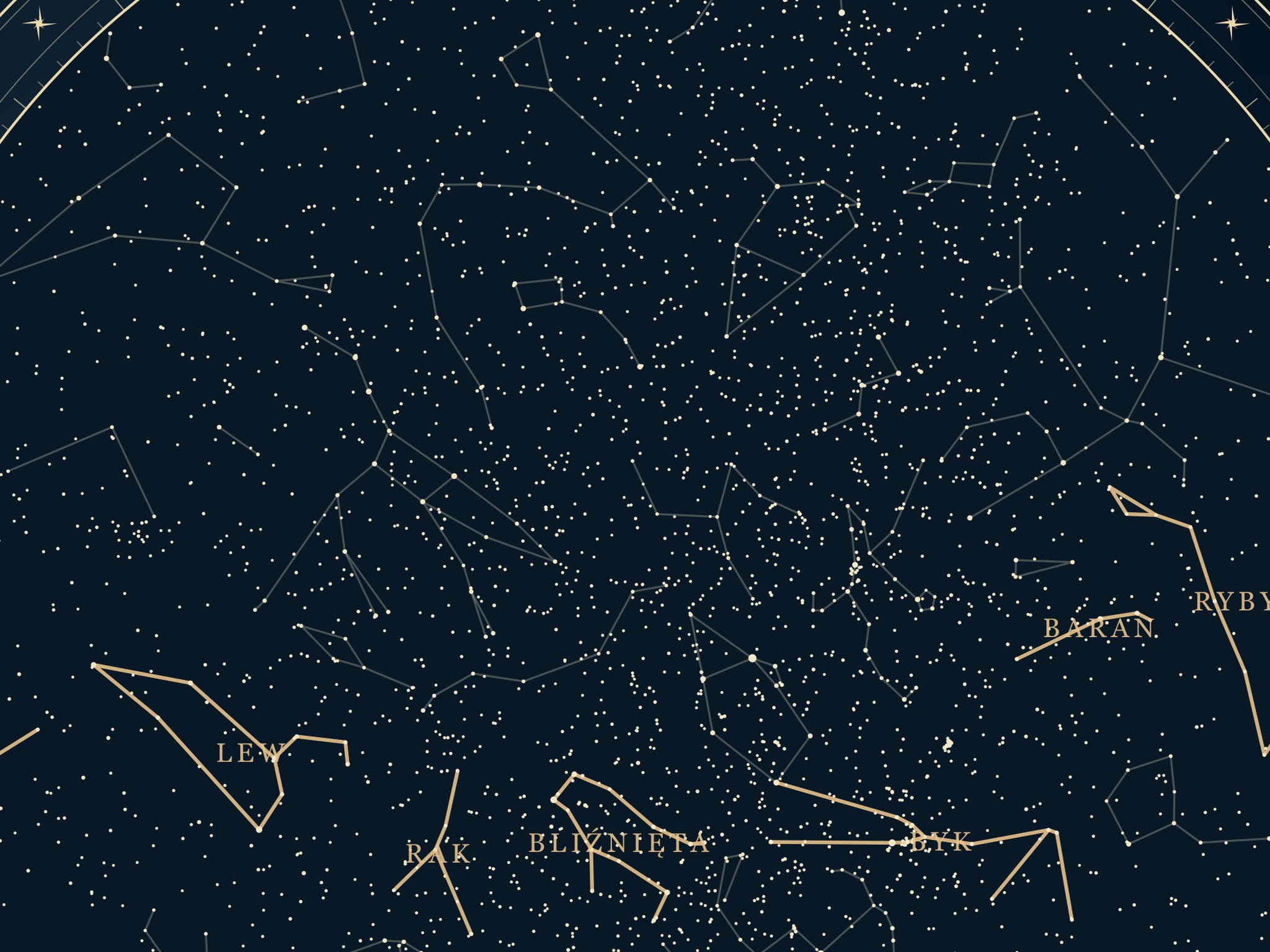 Mapa nieba - zbliżenie gwiazdozbiorów zodiaku