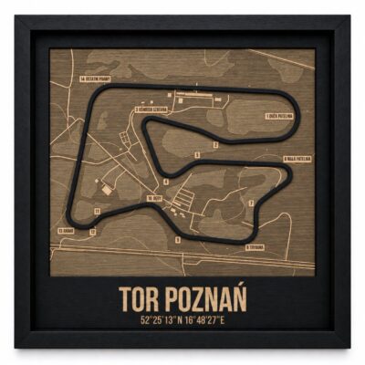 Tor Poznań — drewniana mapa toru w ramce