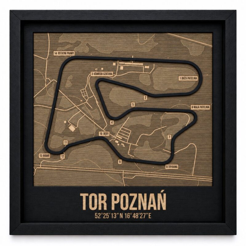 Tor Poznań - drewniana mapa toru w ramce