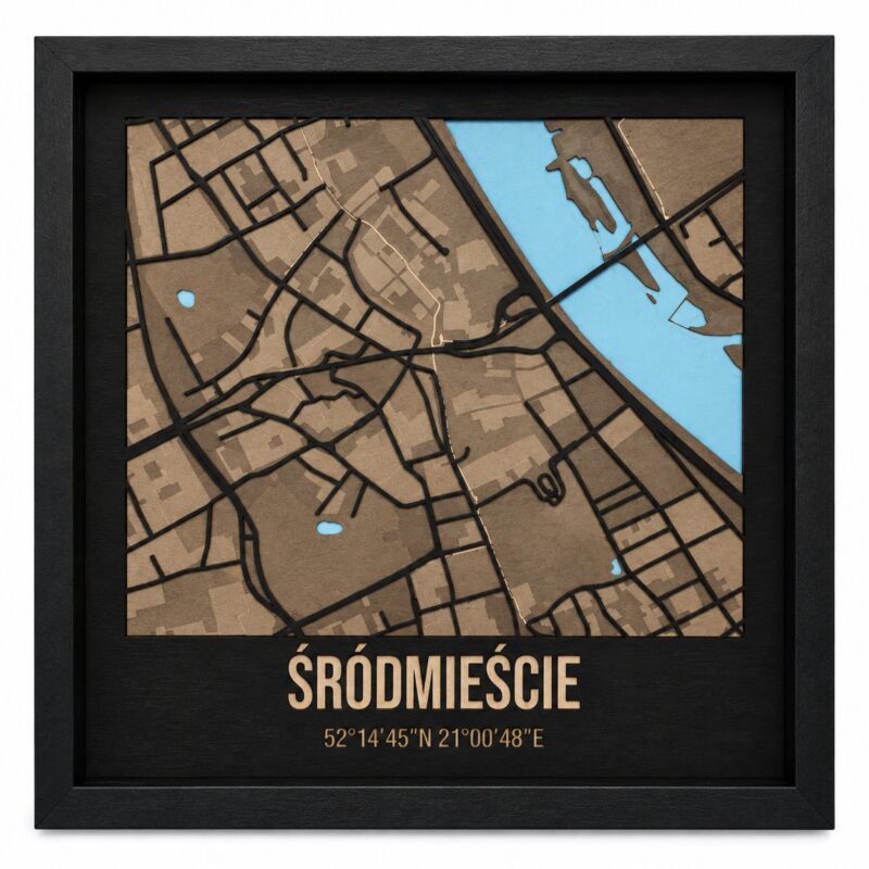 Śródmieście (Warszawa) - drewniana mapa dzielnicy w ramce