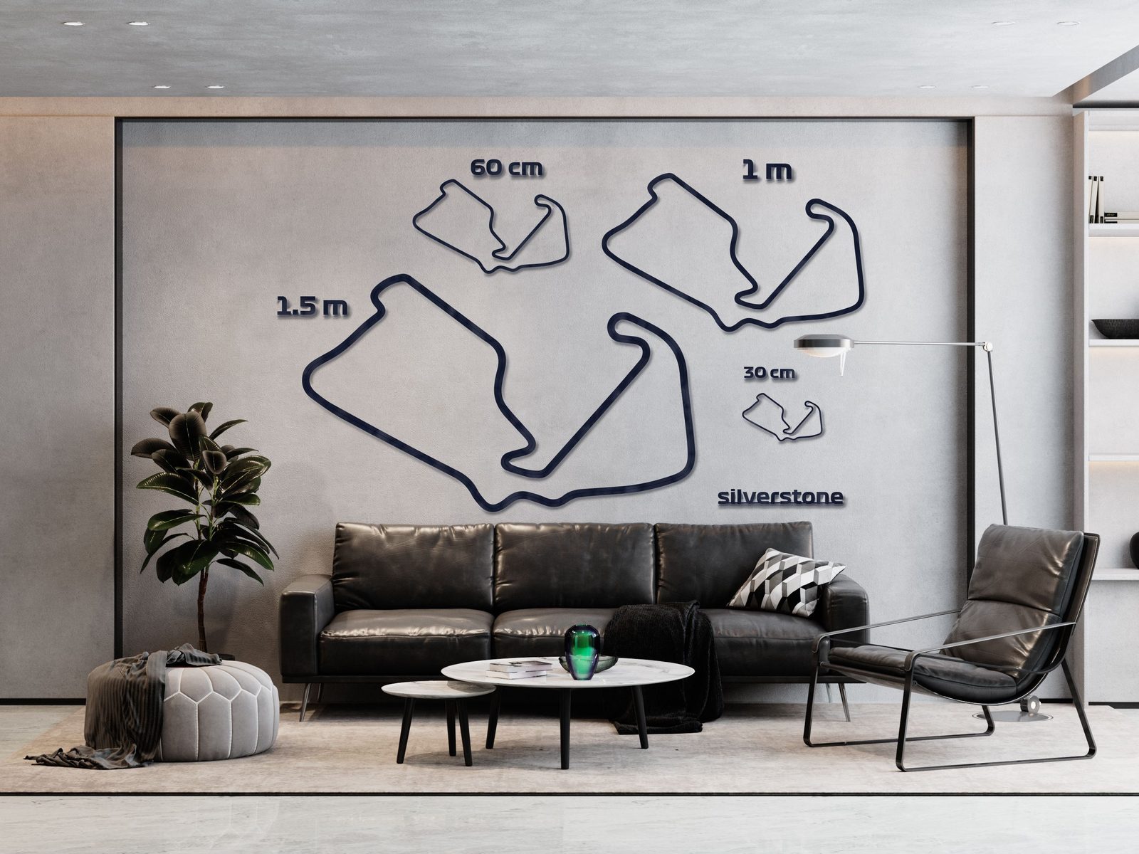 Silverstone - drewniana mapa toru na ścianę - cztery rozmiary obok siebie na ścianie