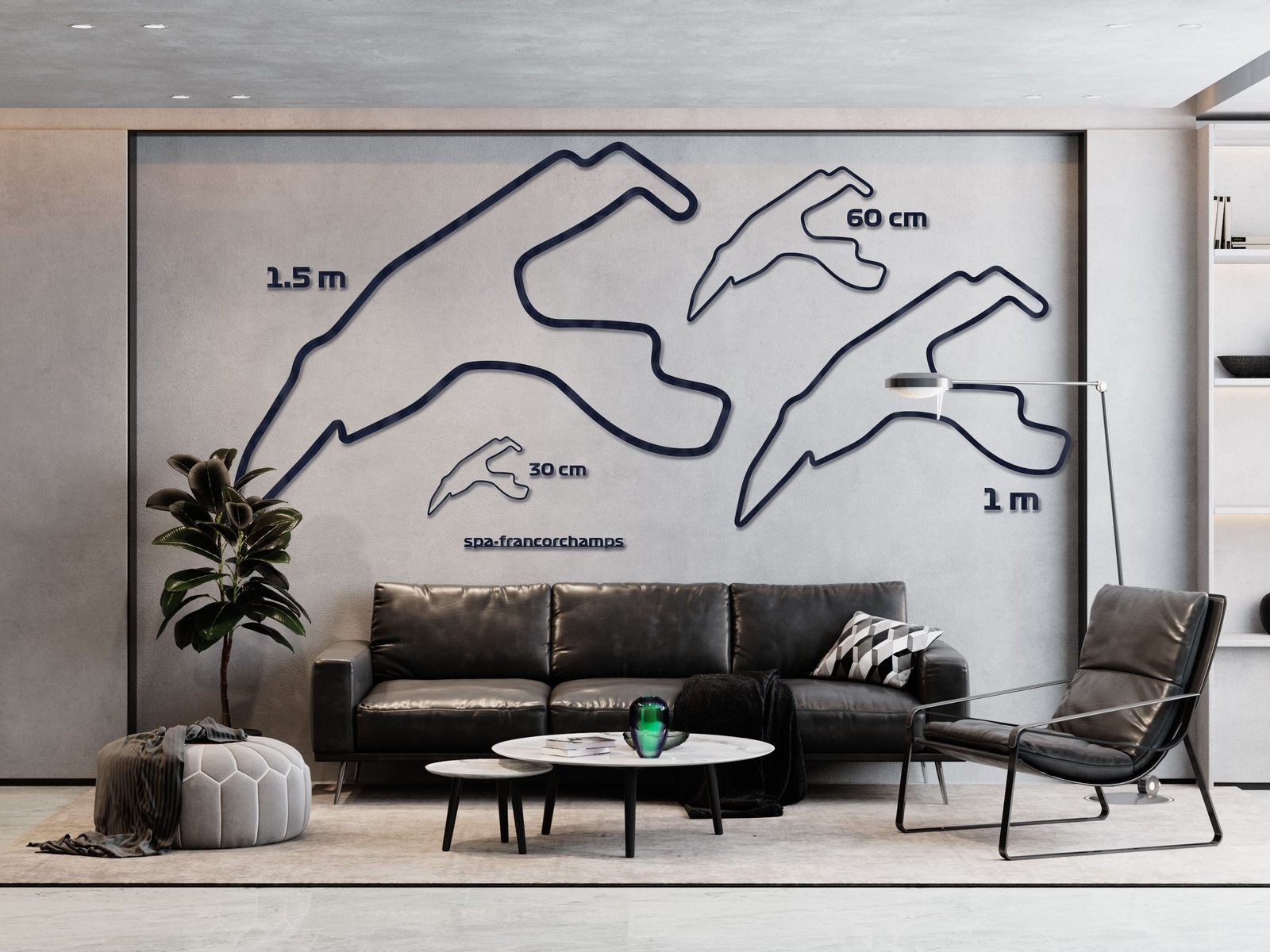 Spa-Francorchamps - drewniana mapa toru na ścianę - cztery rozmiary obok siebie na ścianie