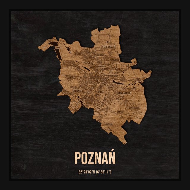Mapa Poznania - drewniana mapa w ramce