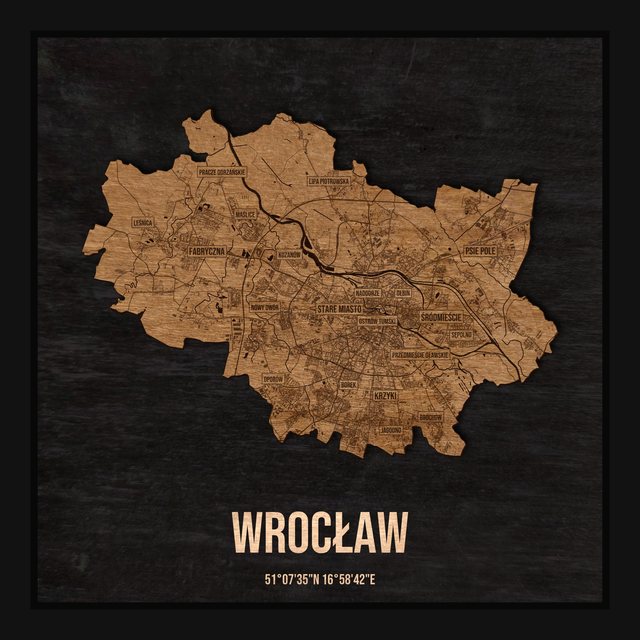 Mapa Wrocławia - drewniana mapa w ramce