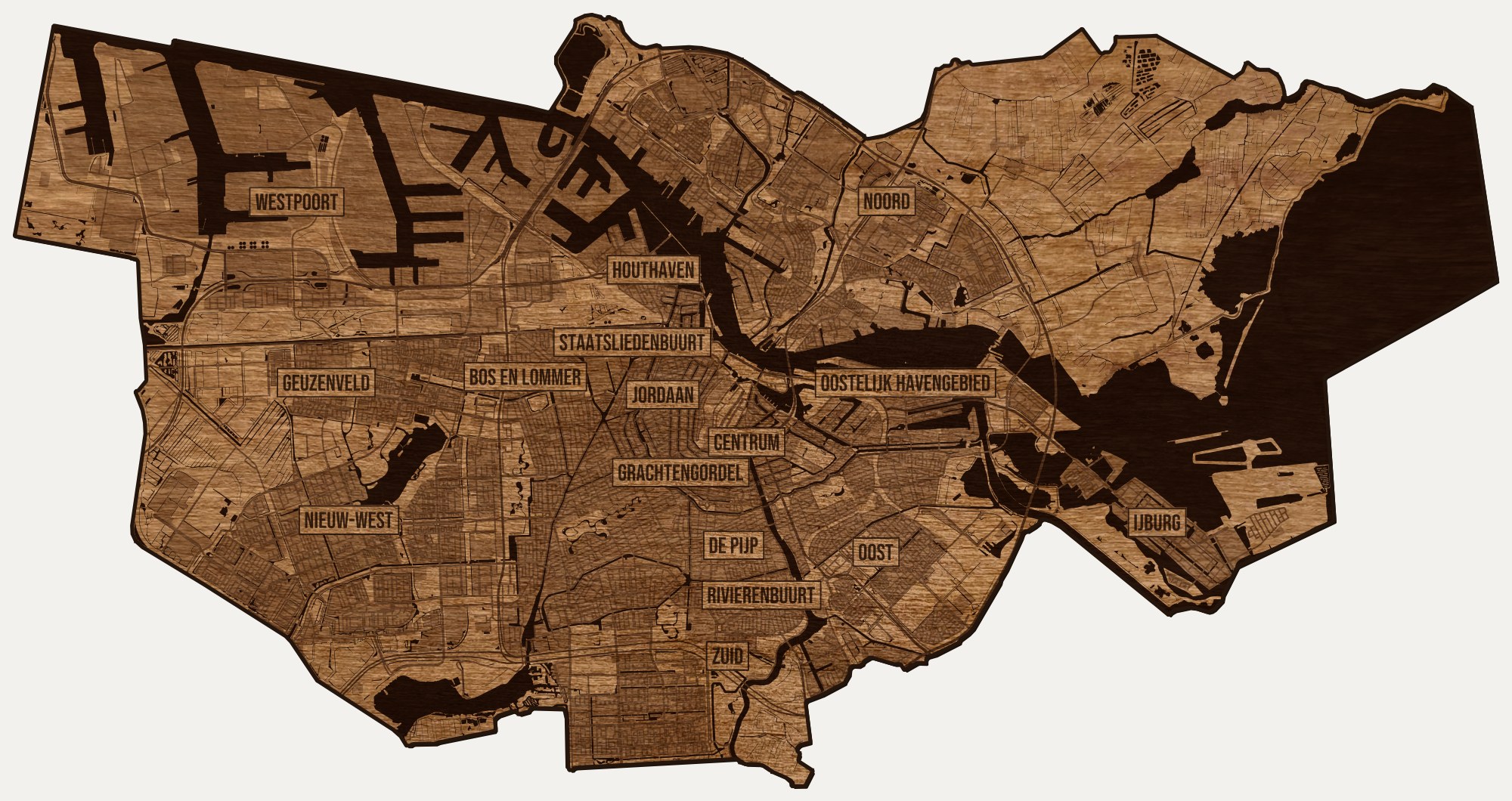 Drewniana mapa Amsterdamu na ścianę z jednego kawałka, granice dzielnic wygrawerowane