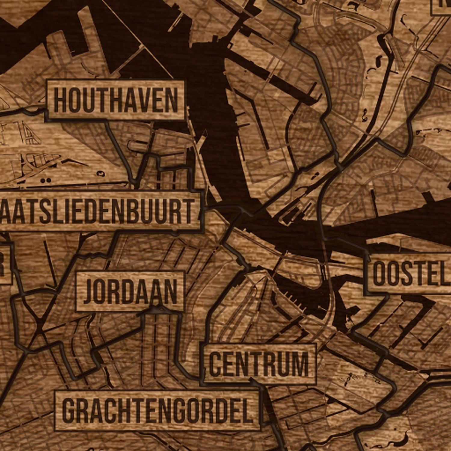 Amsterdam - zbliżenie na grawer drewnianej mapy
