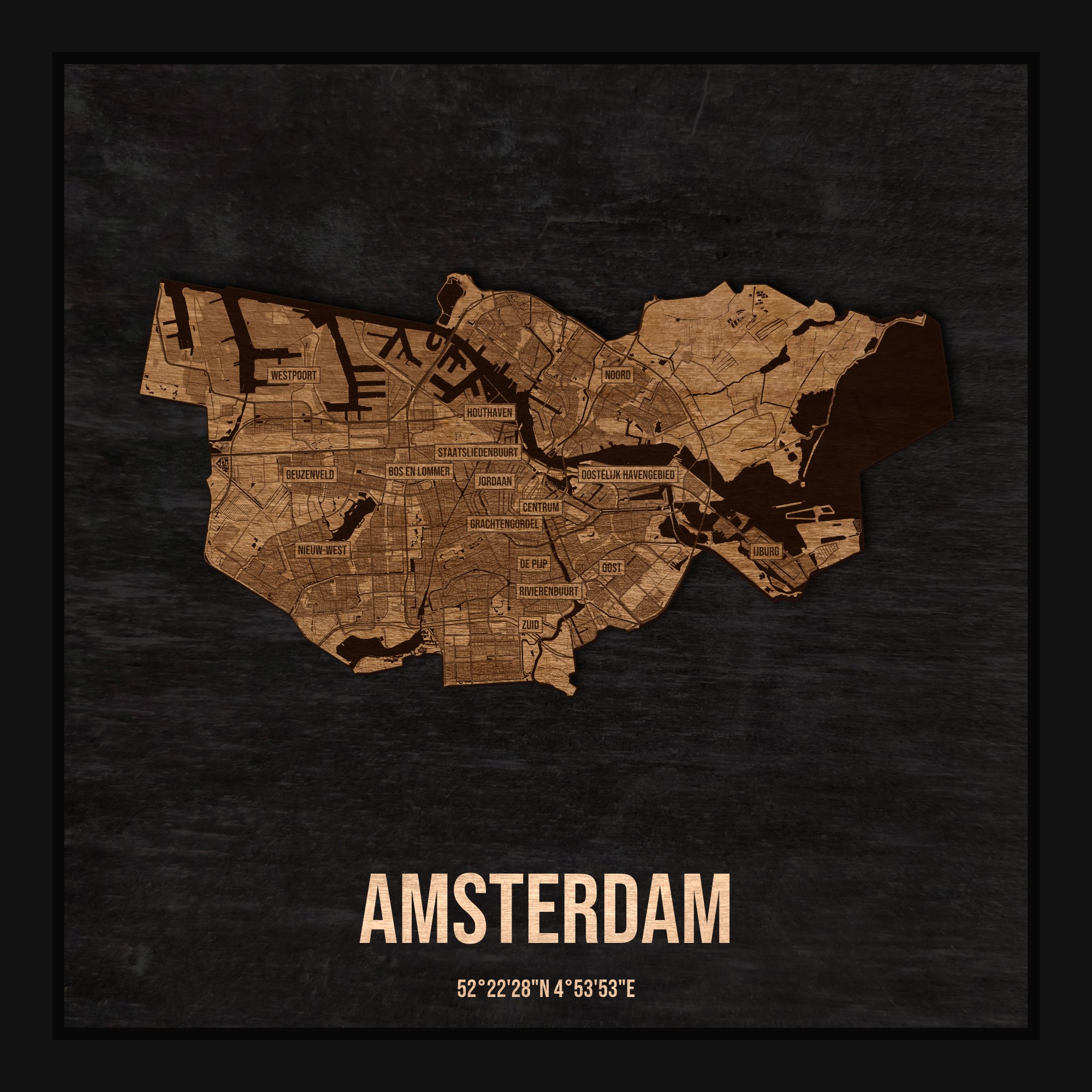 Drewniana mapa Amsterdamu w ramce 25×25: kontur miasta na czarnej płycie, ulice, zabudowa, rzeki, granice i nazwy dzielnic