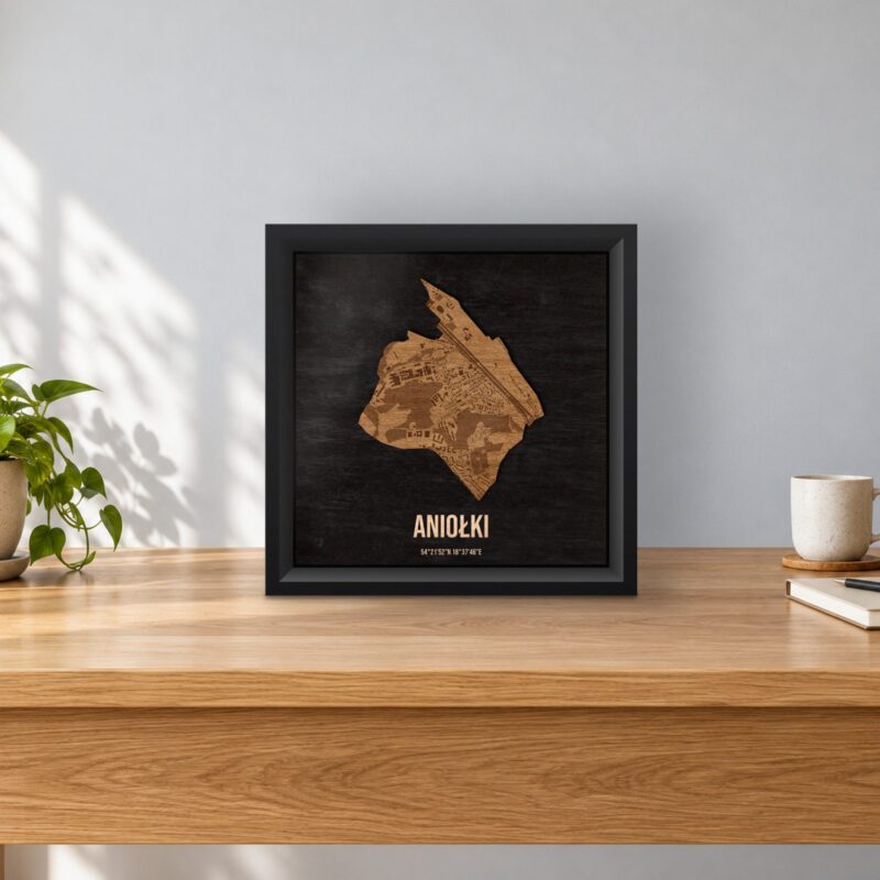 Aniołki (Gdańsk) - drewniana mapa dzielnicy w ramce