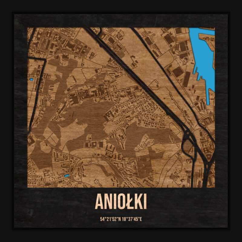 Aniołki (Gdańsk) - drewniana mapa dzielnicy z siatką ulic w ramce