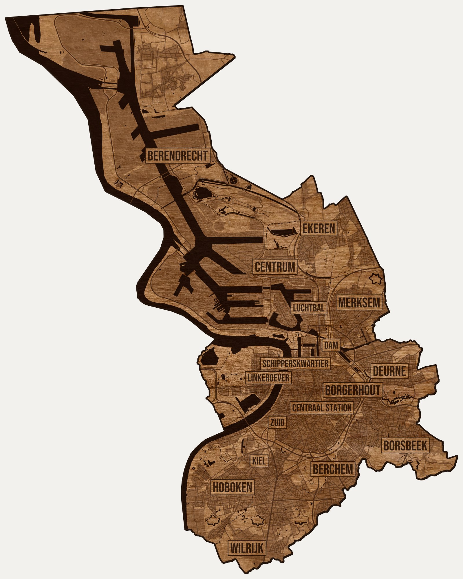 Drewniana mapa Antwerpii na ścianę z jednego kawałka, granice dzielnic wygrawerowane