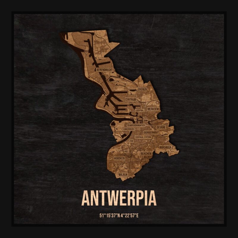 Drewniana mapa Antwerpii w ramce 25×25: kontur miasta na czarnej płycie, ulice, zabudowa, rzeki, granice i nazwy dzielnic