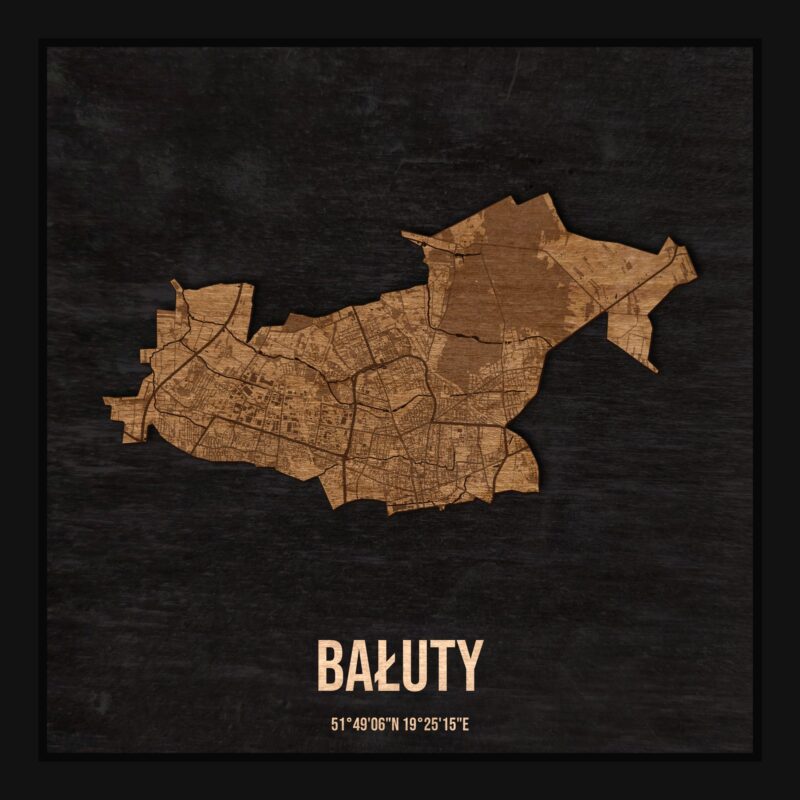 Drewniana mapa dzielnicy Bałuty w ramce 25×25: kontur dzielnicy na czarnej płycie, ulice, budynki, zieleń i woda