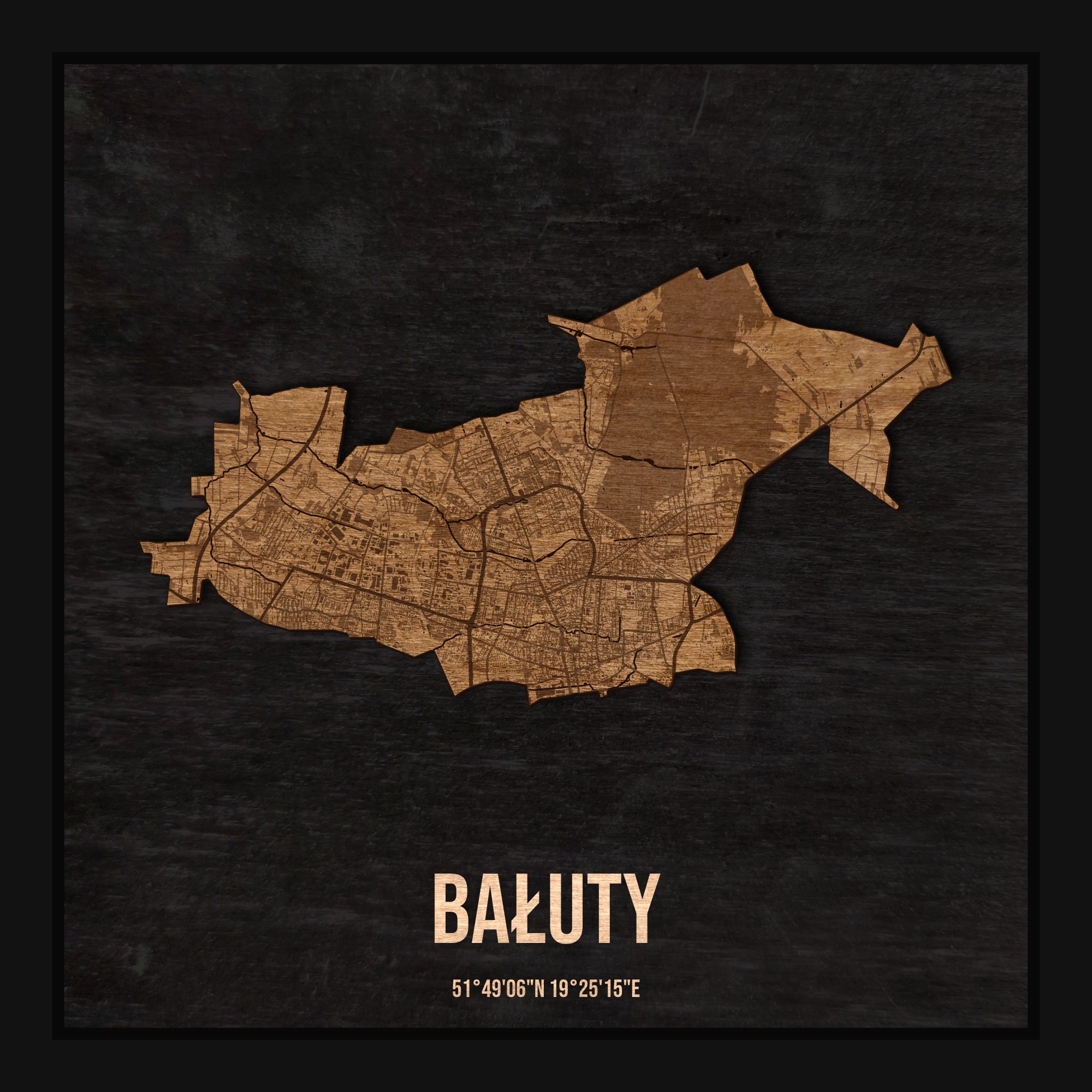Drewniana mapa dzielnicy Bałuty w ramce 25×25: kontur dzielnicy na czarnej płycie, ulice, budynki, zieleń i woda