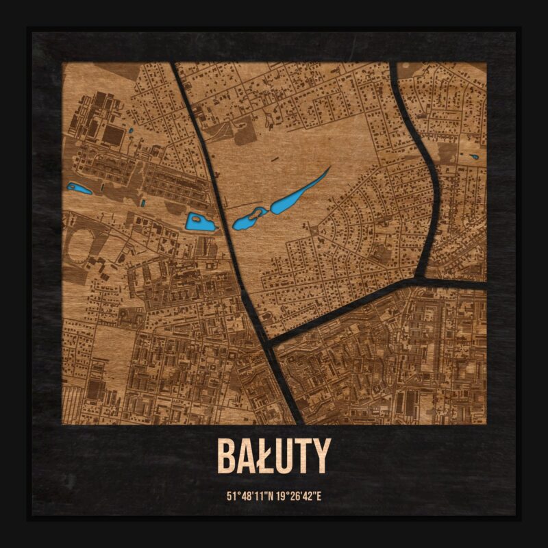 Bałuty (Łódź) - drewniana mapa dzielnicy z siatką ulic w ramce
