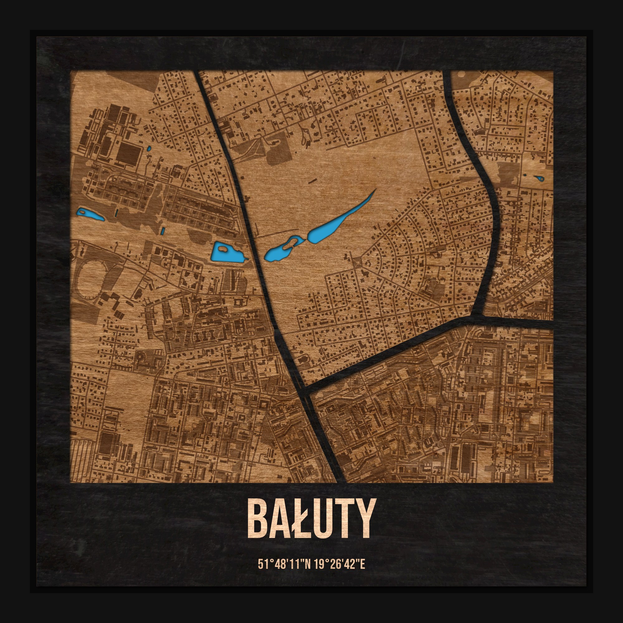 Bałuty (Łódź) - drewniana mapa dzielnicy z siatką ulic w ramce