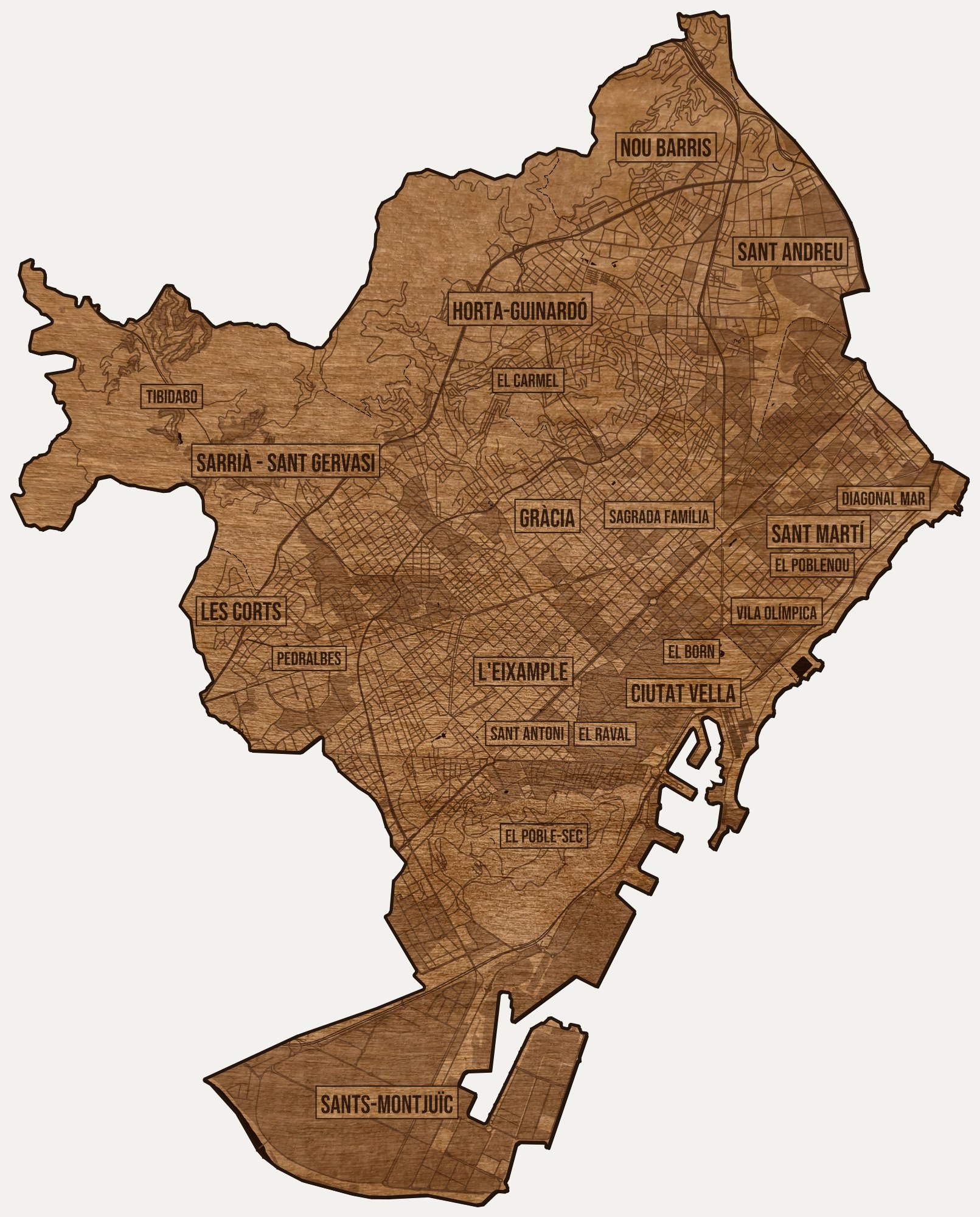Drewniana mapa Barcelony na ścianę z jednego kawałka, granice dzielnic wygrawerowane