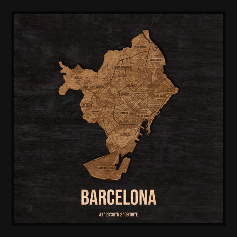 Barcelona - drewniana mapa miasta w ramce