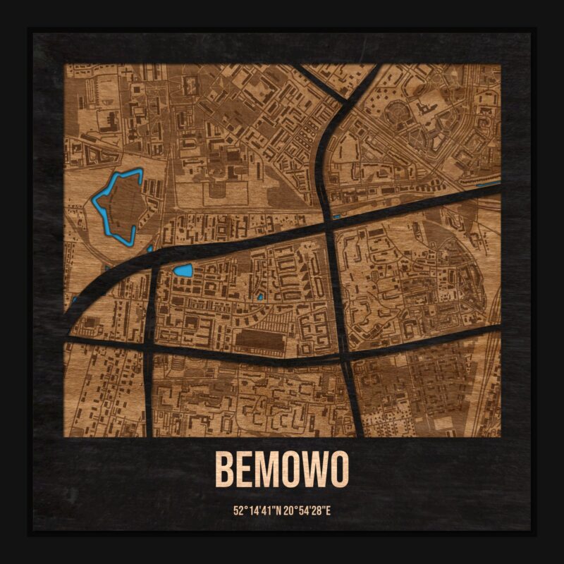 Bemowo (Warszawa) - drewniana mapa dzielnicy z siatką ulic w ramce