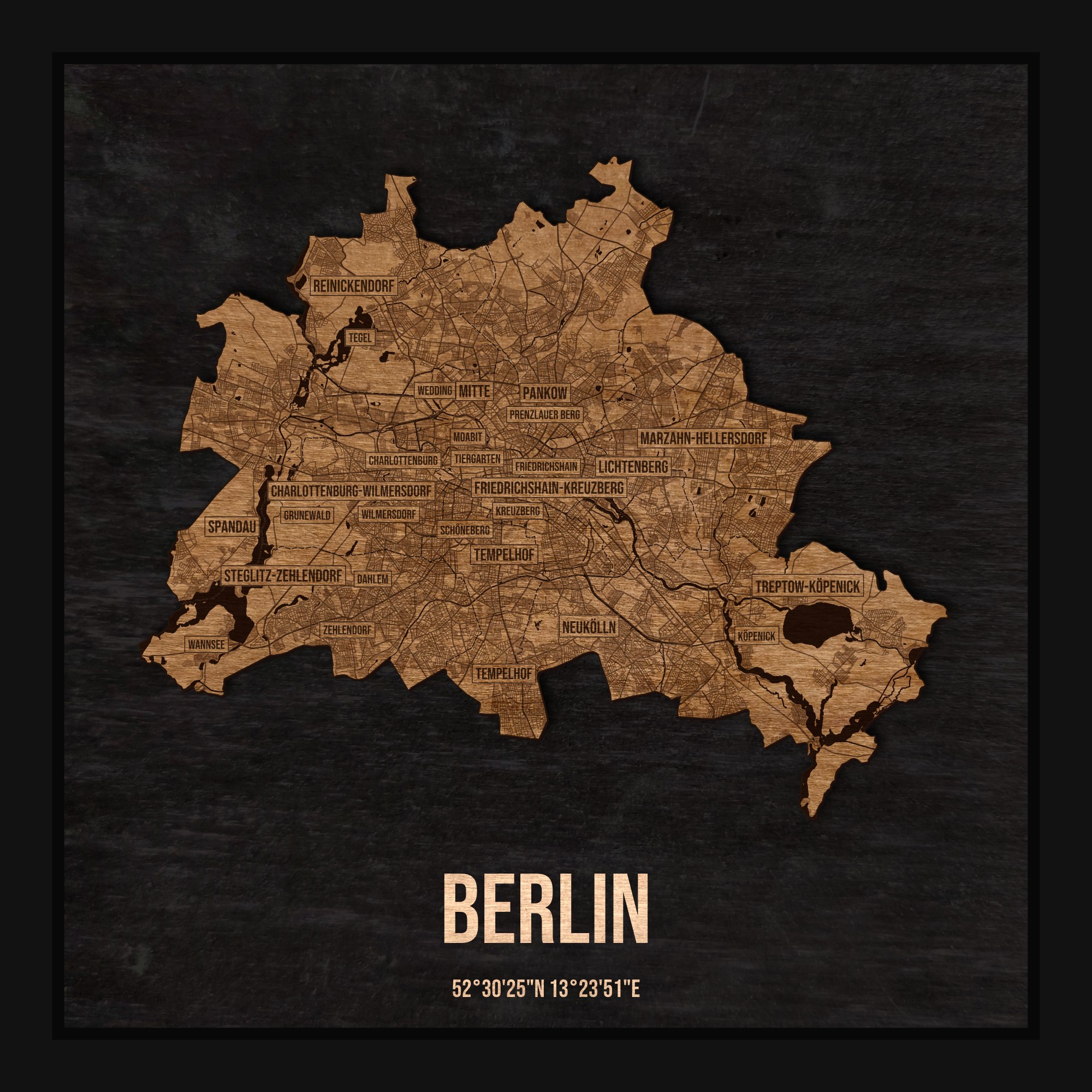 Drewniana mapa Berlina w ramce 25×25: kontur miasta na czarnej płycie, ulice, zabudowa, rzeki, granice i nazwy dzielnic