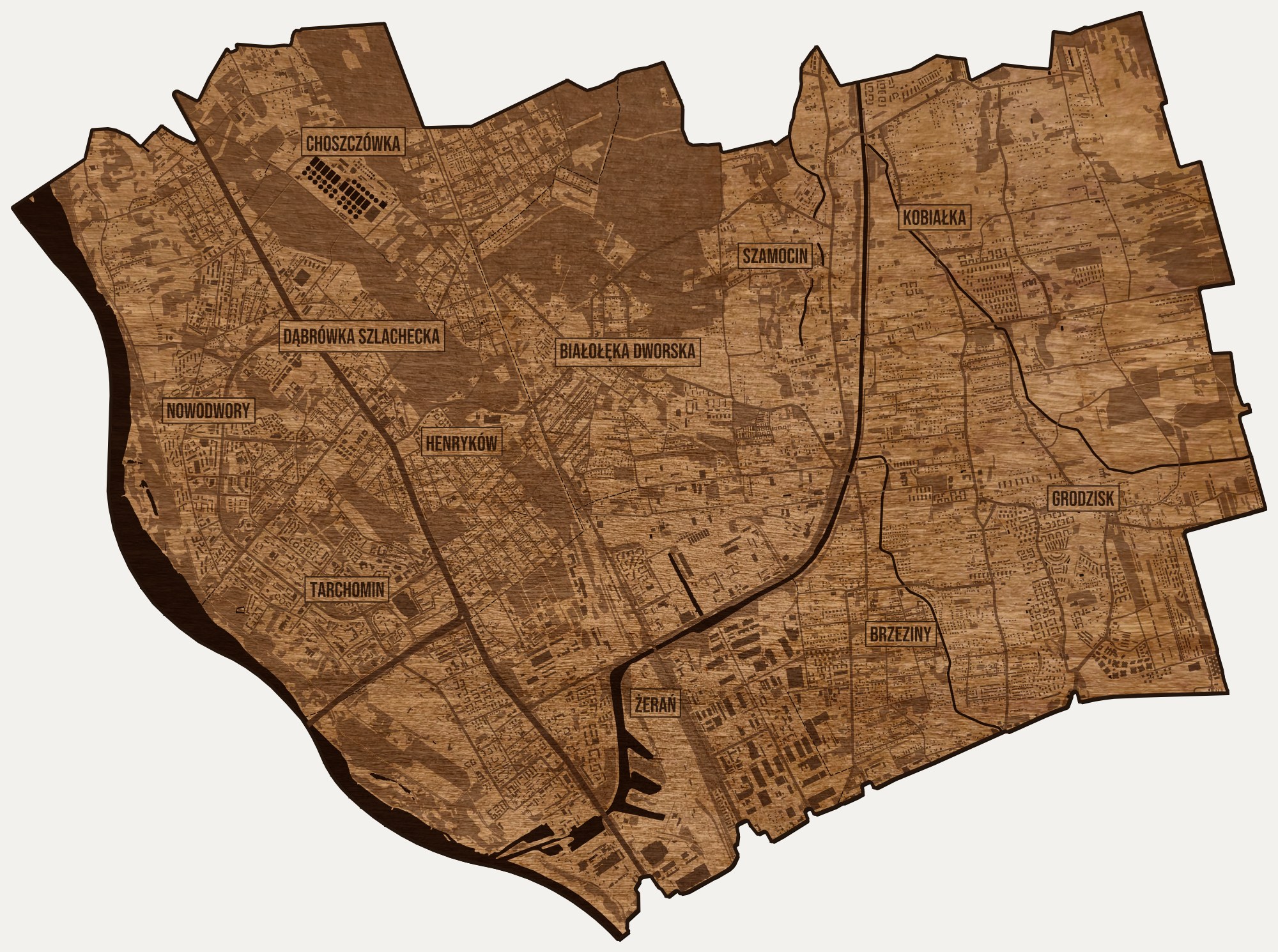 Drewniana mapa dzielnicy Białołęka (Warszawa) na ścianę z jednego kawałka, granice osiedli wygrawerowane