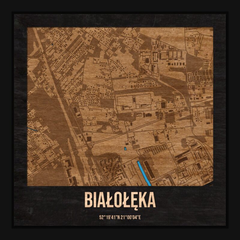 Białołęka (Warszawa) - drewniana mapa dzielnicy z siatką ulic w ramce