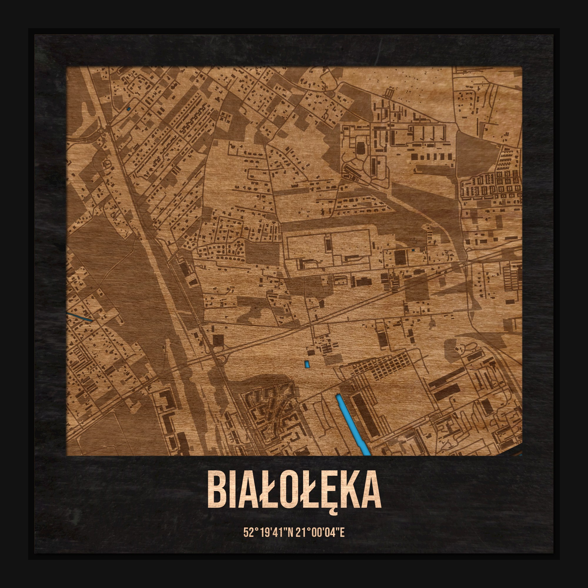 Białołęka (Warszawa) - drewniana mapa dzielnicy z siatką ulic w ramce