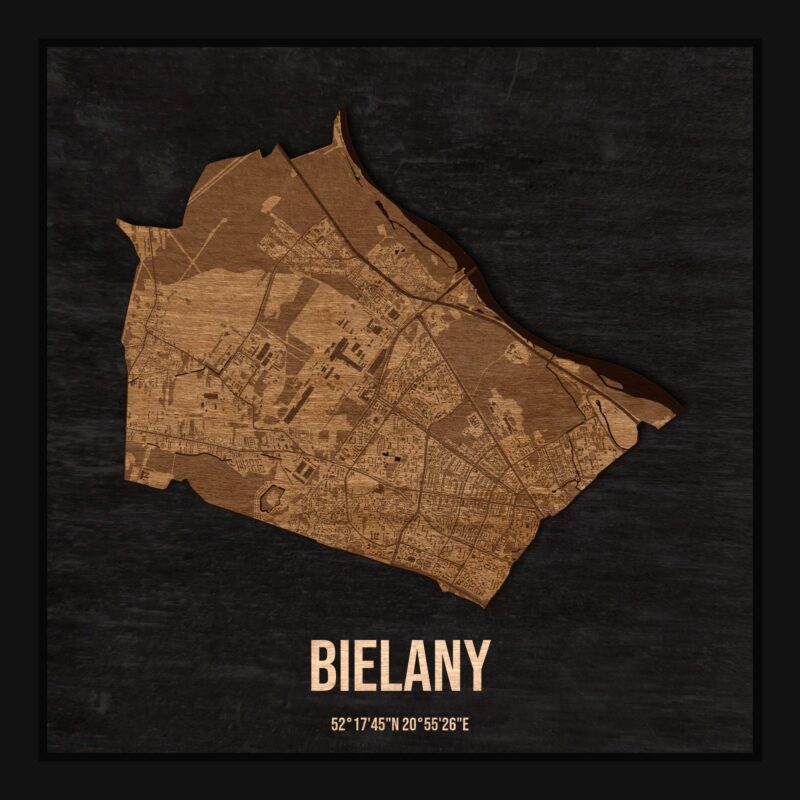 Drewniana mapa dzielnicy Bielany w ramce 25×25: kontur dzielnicy na czarnej płycie, ulice, budynki, zieleń i woda